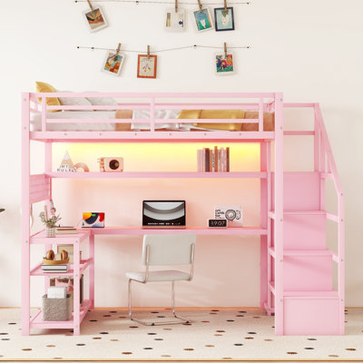 Lit mezzanine double en métal avec lumières DEL, bureau, escalier et garde-robe, tablettes de rangement, station de charge, rose