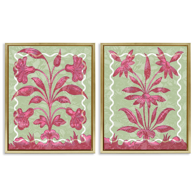 Ensemble de 2 toiles flottantes roses et vertes, par Lil 'Rue, H 21 po x l 17 po, Cadre flottant métallique doré