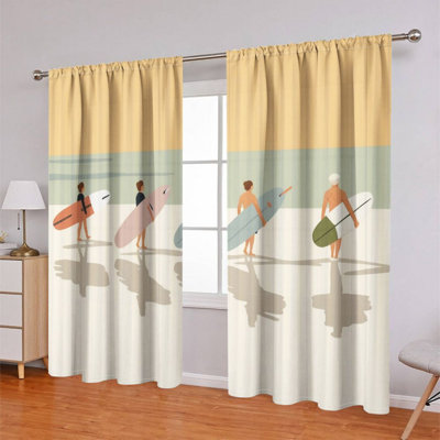 Pcs Beach Surfers Curtains, Coastal Themed Modern Minimalist Room Curtain For living bedroom Kitchen Rod Pocket Window Drapes, Tropical Summer Home Decor