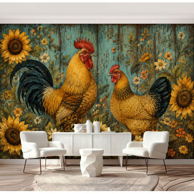 Peel and Stick Wallpaper Vintage Rooster Sunflower Floral Accents Blue Wall Murals 69"H x 96"W Removable PVC Wall Paper Self-Adhesive Wall Decor for Bedroom Living Room Home Office