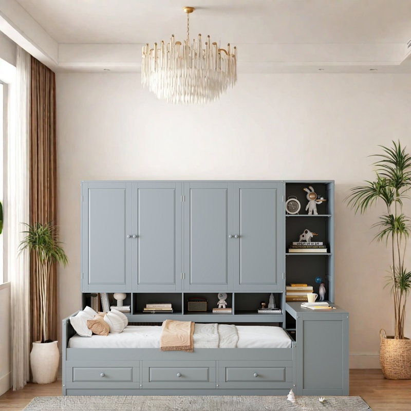 Multi-Functional Daybed with Desk, Shelves, Cabinets and Drawers, Space-Saving Bed Frame with Storage, Reversible Layout, Wood Frame for Bedroom, Apartment, Home Office