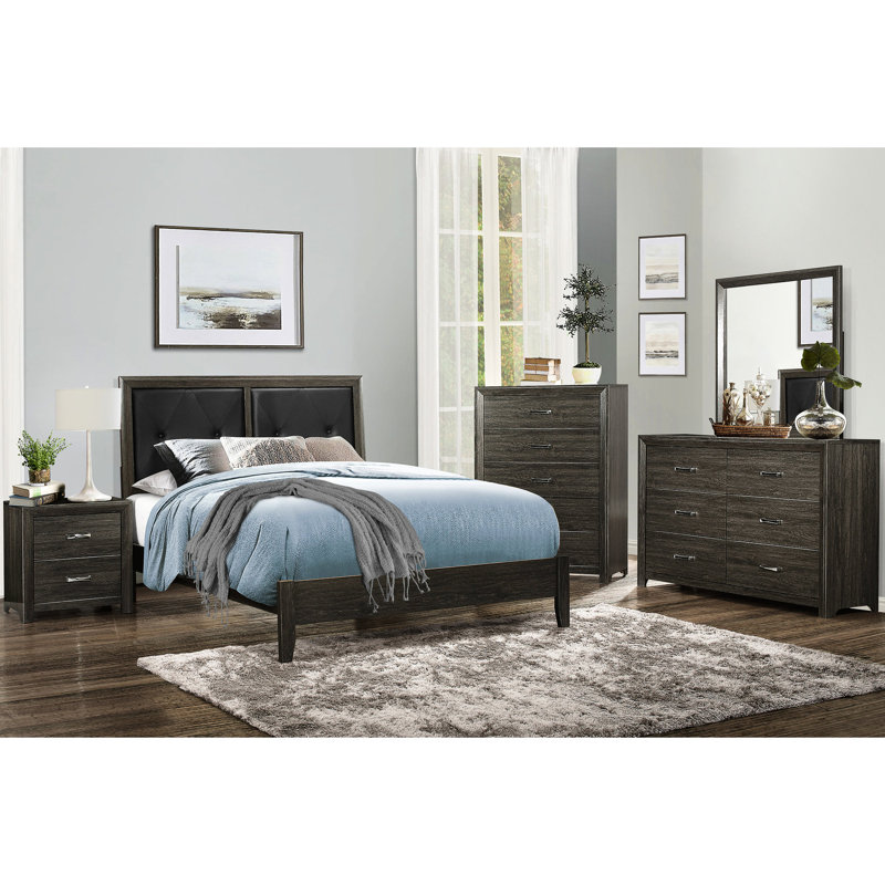 Table de chevet à 2 tiroirs gris foncé, table de chevet décorative en bois de style contemporain avec poignées à barre de ton, design