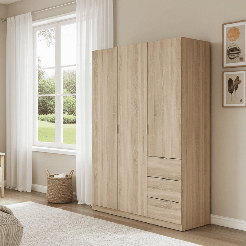 Cairo Oak Effect Compact 3 Door 3 Drawer Space-Saving 135cm Wardrobe