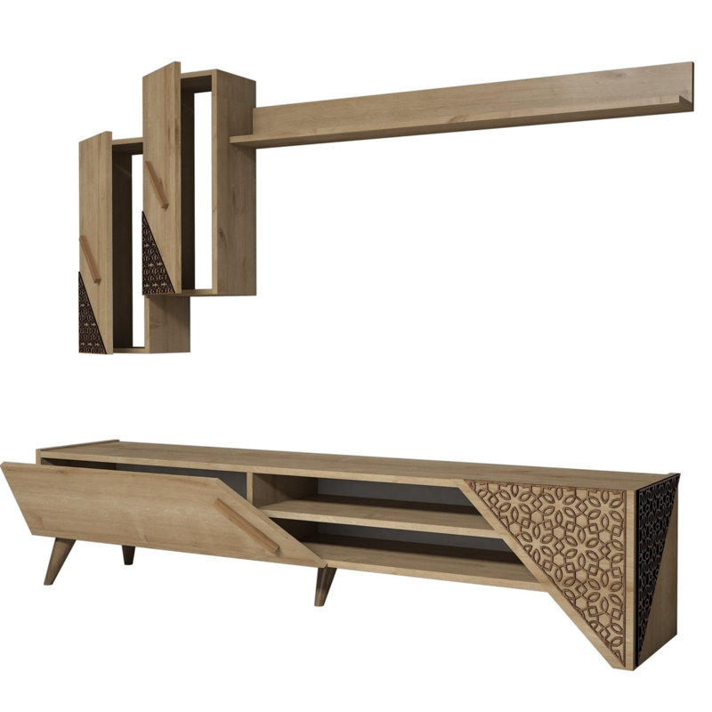 Modern Oak TV Unit with Wall Shelf & Cabinet, 70.9 x 15.7 x 14.6 inches | 100% Melamine Coated Particle Board, 0.7-inch Thickness | Stylish Design with Multiple Shelves, Wall-Mountable, Perfect for Scandinavian Decor