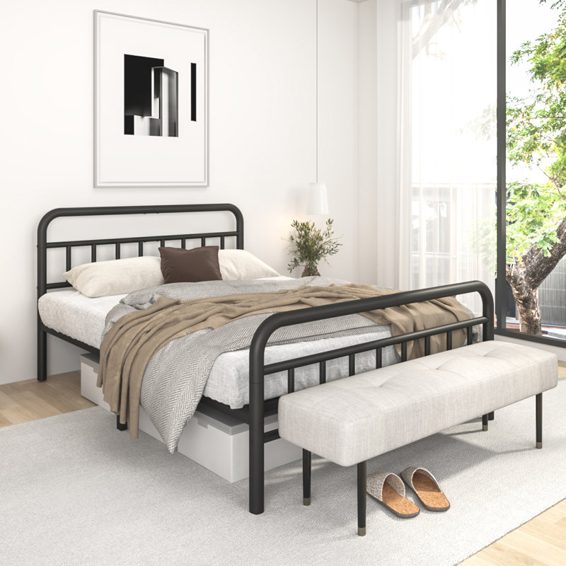 14"h Metal Platform Queen Bed Frame With Industrial Style Headboard & Footboard, Queen