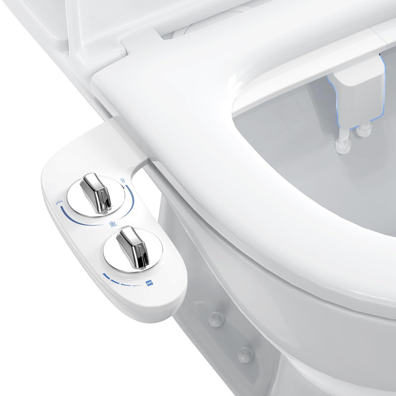 19 Inch Toilet Seat & Dual Nozzle Non-Electric Bidet Attachment Combo, Soft Close Heavy Duty Toilet Seat with Self-Cleaning Nozzles, Adjustable Water Pressure, Leak-Proof & Tool-Free Installation