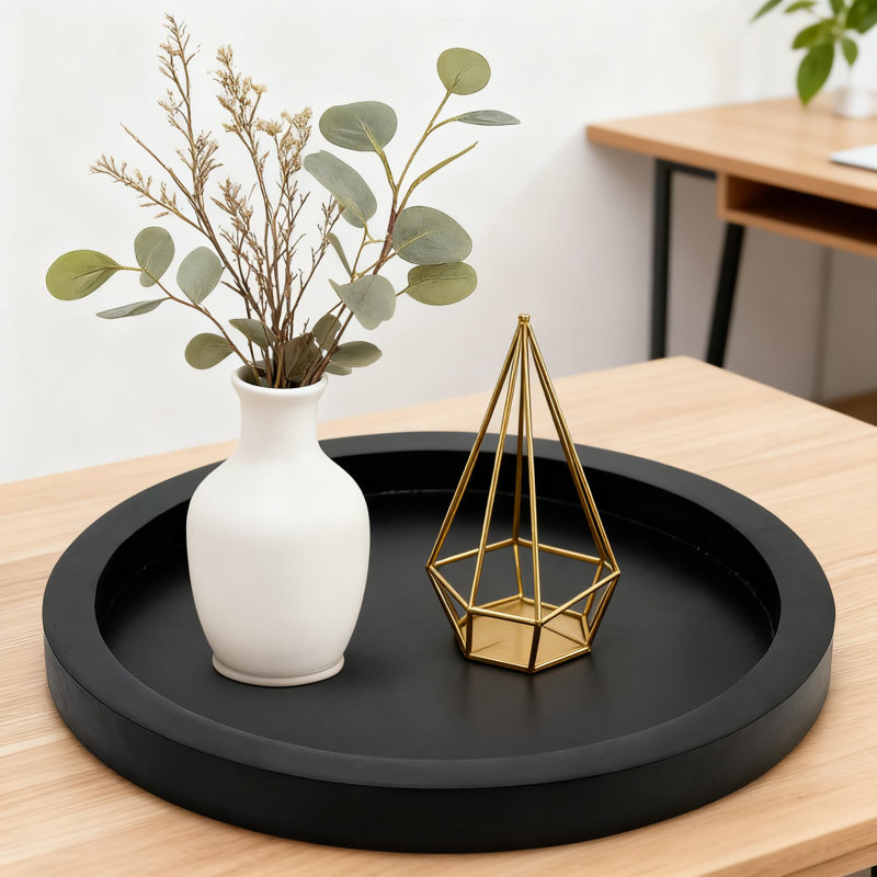 Round Decorative Tray For Farmhouse Decor, Wooden Serving Tray For Coffee Table, Kitchen, Living Room, And Bathroom Organization