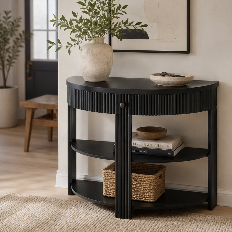 Console cannelée demi-lune avec tiroir et tablettes, Black
