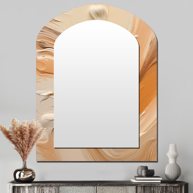 «Orange and Beige Unounded Imagination III», miroir asymétrique abstrait, miroir mural décoratif orange, impression sur métal