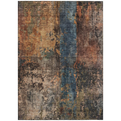 Tapis d'extérieur lavable abstrait 8 pi x 10 pi bleu cuivre et brun