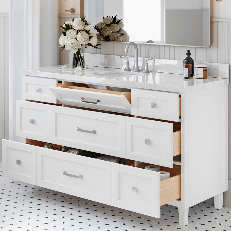 Meuble-lavabo simple 60 po ARIEL avec plateau Carrara, Blanc