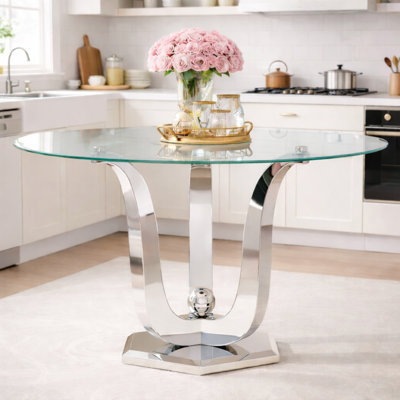 47.2" Round Glass Dining Table, Modern Clear Kitchen table, 0.31" Thick Tempered Glass Tabletop with Gloss Stainless Steel, for Dining & kitchen and Small Space