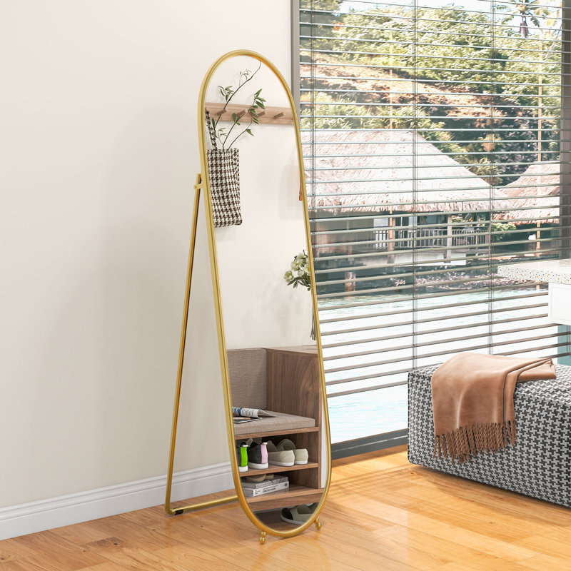 HOMCOM Oval Full Length Mirror with Metal Frame Hanging or Leaning, Gold