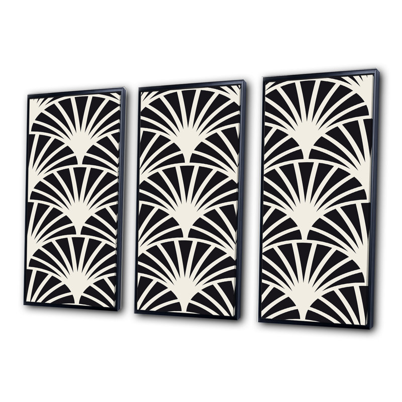 «Retro Art Deco Waves I», reproduction de cadre photo sur toile 3 pièces, Cadre noir, H 28 po x l 36 po x P 1 po