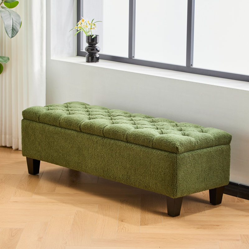 Banc repose-pieds avec rangement, surface bouclée verte, pieds en bois d'hévéa, capacité de 300 lb