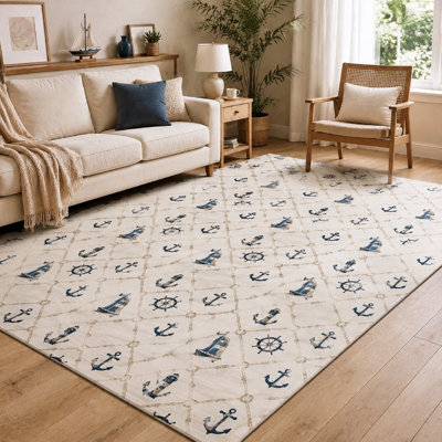 1Pcs Nautical themed design - anchors, ships, lighthouses, and ship wheels, low pile, printed Soft Fabric carpet, washable easy to clean, large thin rug, non-slip backing, suitable for living room, bedroom, kitchen, office indoor use home deto