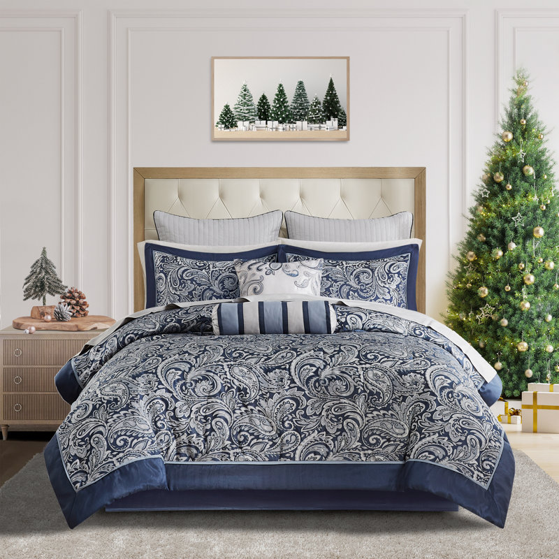 King Navy Blue Cotton Paisley Bed in a Bag Set