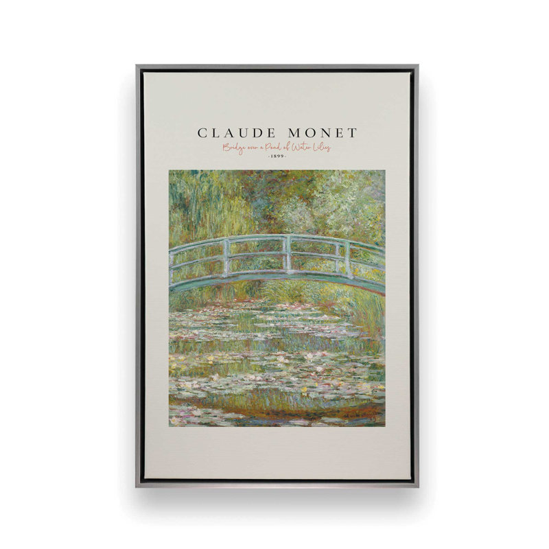 Pont sur un étang de nénuphars par Monet v2, H 36,75 po x l 24,75 po x P 1,75 po, Cadre flottant en chrome poli