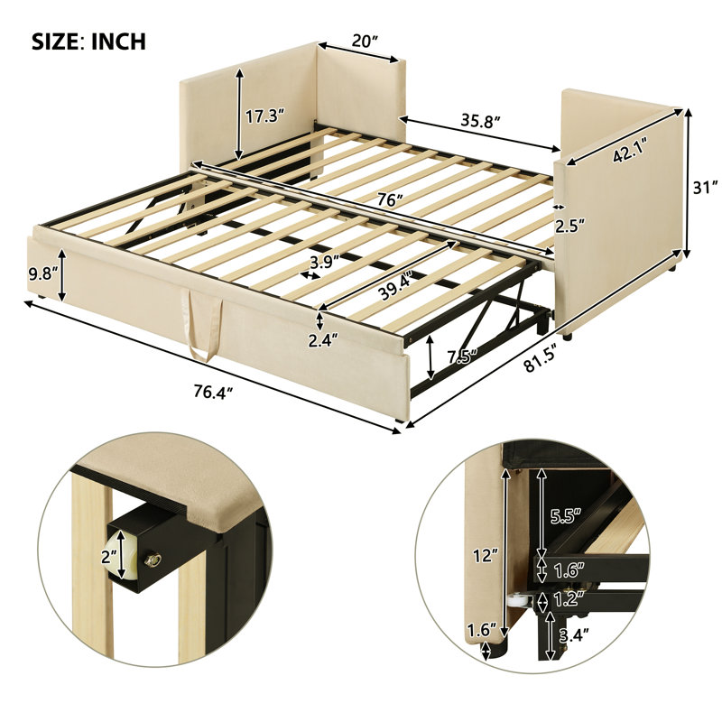 Twin Size Upholstered Daybed With Pop Up Trundle, Beige, Beige