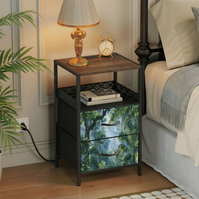 Table de chevet 2 tiroirs avec station de charge, table de chevet pour chambre avec ports USB, tablette ouverte noire, table de chevet avec imprimé forêt tropicale