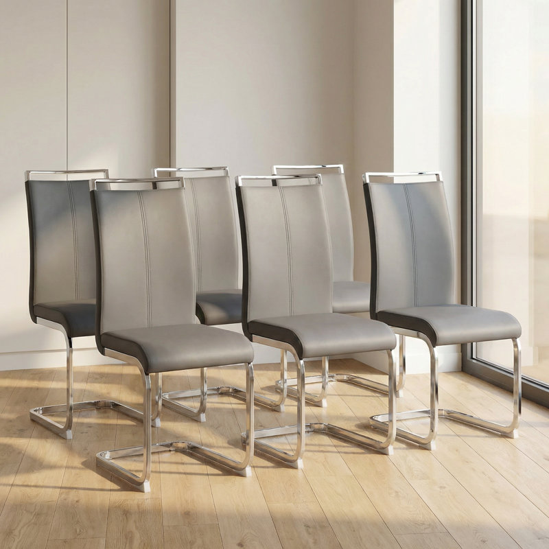 Chaises de salle à manger en faux cuir Amari Modern, Gris foncé, Argent