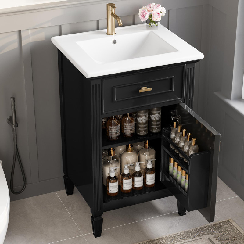 Meuble-lavabo autoportant de 20 po avec lavabo en céramique, Noir