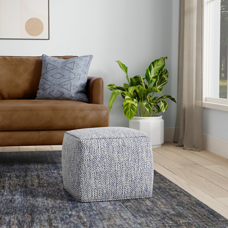 Nate 18"W Upholstered Cotton Square Pouf, Blue