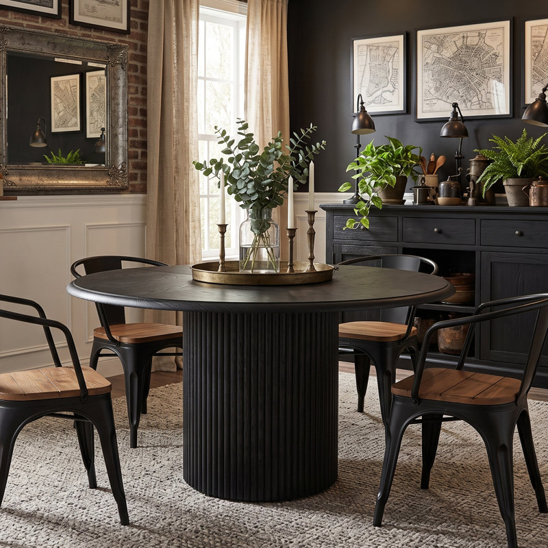 Table de salle à manger ronde 47 pouces avec base cylindrique cannelée en métal, Noir