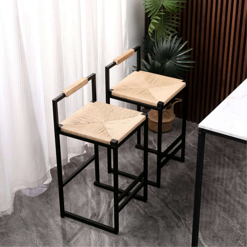 2 chaises de bar modernes avec siège en corde de papier, fabrication en métal, vis à glissière, polyvalentes pour la maison, 2 tabourets de comptoir pratiques faciles à assembler Dossier: structure et siège tissé