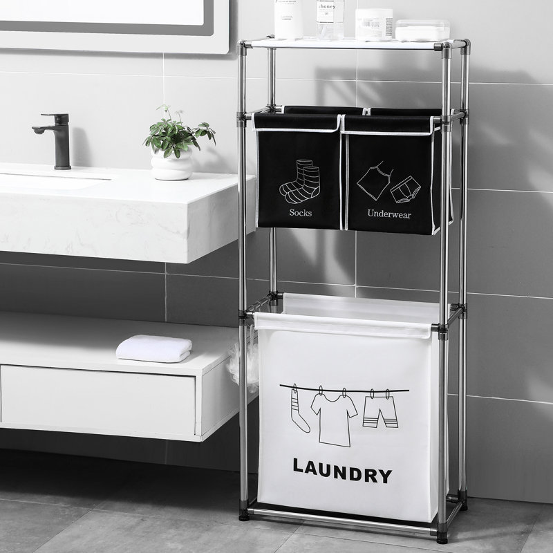 Trieur de paniers à linge noir et blanc, 3 niveaux, 4 sacs, imperméable, construction robuste, assez d'espace pour les articles de toilette