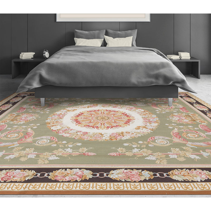 Hand-Knotted High-Quality Green and Brown Area Rug