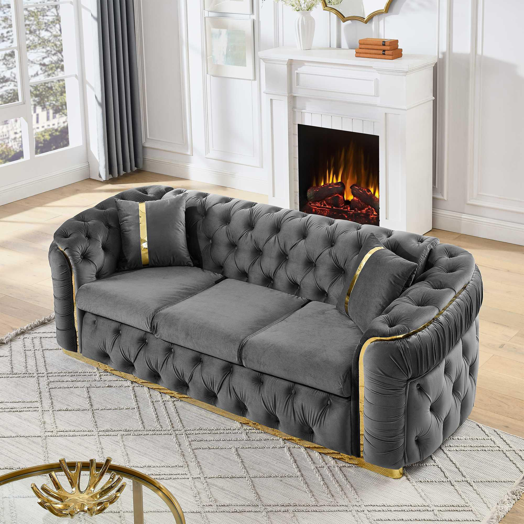 Everly Quinn 90.6 Inches Velvet Button Tufted Sofa Couch with 2 Pillows ...