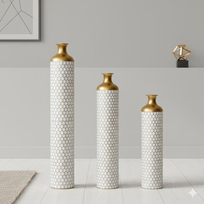 A Three-Piece Set Of Droplet-Shaped White Metal Floor Vases In A Modern Style. These Large, Glazed Vases Serve As Stunning Home Decorations.