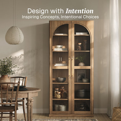 Armoire de rangement 67 po, bibliothèque en verre à 6 tablettes, brun clair