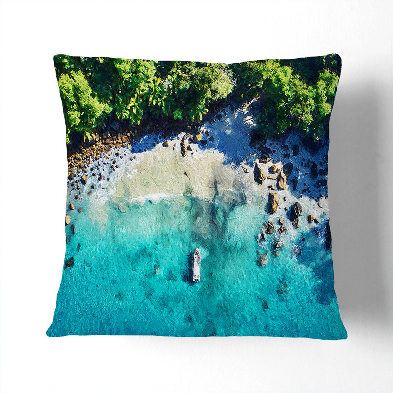 Boat By A Beach In The Seychelles Square Throw Cushion, 55cm H x 55cm W x 20cm D, White