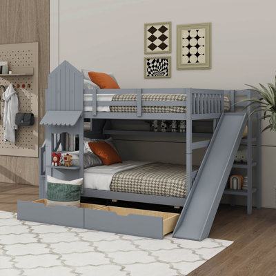 Lit superposé double sur le thème du château, lit superposé en bois avec 2 tiroirs et 3 tablettes, y compris un escalier coulissant et de rangement
