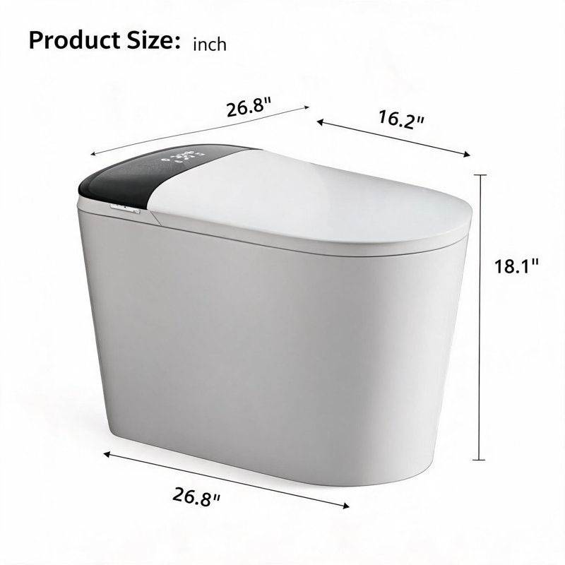 Toilettes intelligentes en céramique blanche et noire de 68,5 cm (27 pouces) avec bidet intégré, siège chauffant, chasse d'eau automatique et séchoir.