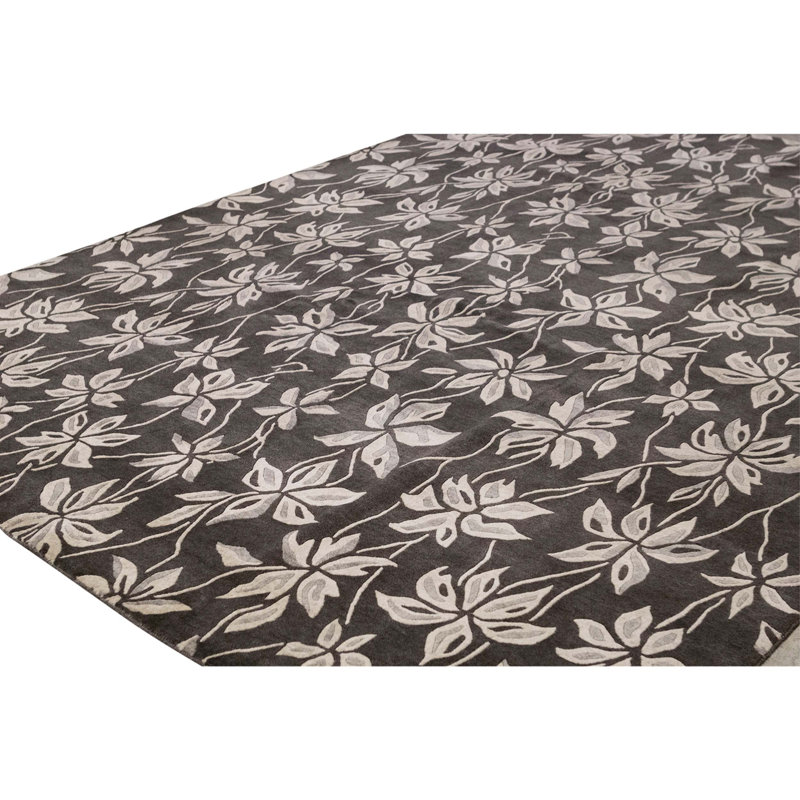 Tapis gris / noir noué à la main de conception unique 9 pi x 12 pi One-of-a-Kind