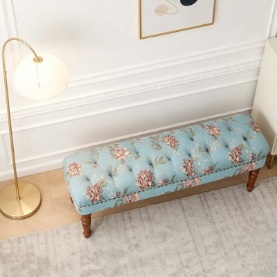 European Style Tufted Floral Bench with Turned Wood Legs