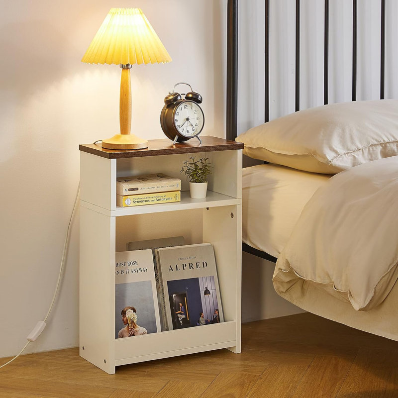 Narrow Side Table With Storage Shelf, 3 Tier Slim End Table For Small Spaces, Wood Small Nightstand With Magazine Rack For Living Room, Bedroom, Sofa, Space Saving, White
