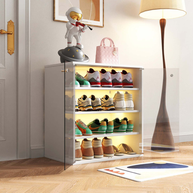 Shoe Box with RGB LED Light, Wooden Stackable Shoe Storage Box with Glass Door, Shoe Storage Bin Shoe Display Case for Sneakers (4 Tier-1)