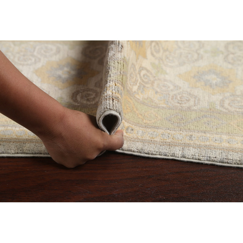 Tapis beige en laine noué à la main de conception unique 7 pi 10 po x 9 pi 9 po
