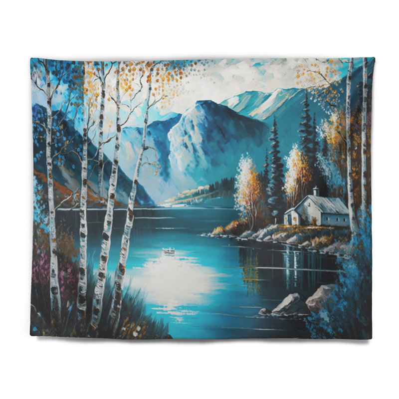 Cabin By A Lake In Fall II Polyester Tapestry, 32" H x 39" W