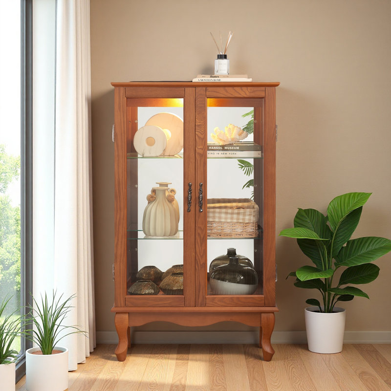 Elegant 2-Door Curio Cabinet With Tempered Glass Doors, Mirrored Back Panel, And Adjustable Shelves - Lighted Display Cabinet For Home And Office