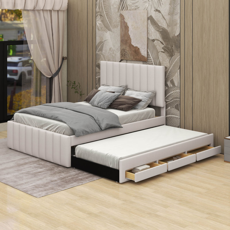 Lit plateforme double avec lit gigogne et tiroirs, Beige
