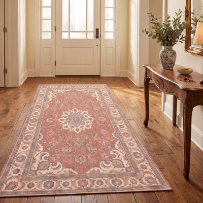 Tapis Ford2 traditionnel à médaillon délavé, style persan, orange, ivoire, or, vert et gris, antidérapant, à poils courts, adapté aux animaux domestiques, pour salon, chambre, salle à manger, entrée, couloir, bureau, lavable