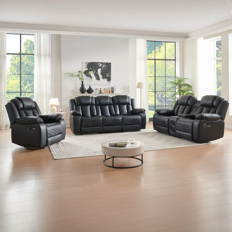 Ensemble de canapé inclinable électrique en similicuir 3 pièces, canapé inclinable 3 places, causeuse 2 places avec console centrale et fauteuil inclinable simple, meubles de cinéma maison cousus à la vague avec éclairage à DEL bleu et porte-gobelets