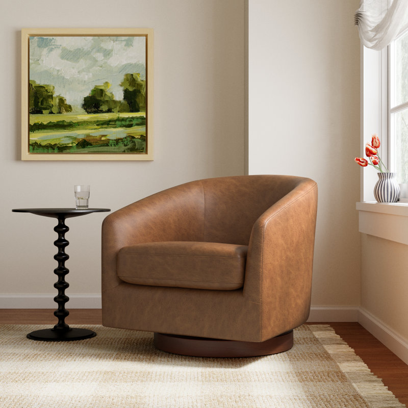 Bennett Genuine Leather Swivel Barrel Chair, Marseille Brown Genuine Leather