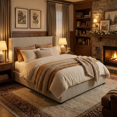 Queen Size Bed with Storage Drawers, Corduroy Upholstered Platform Bed Frame with Wingback, Tufted Headboard and Footboard, No Box Spring Needed, Beige