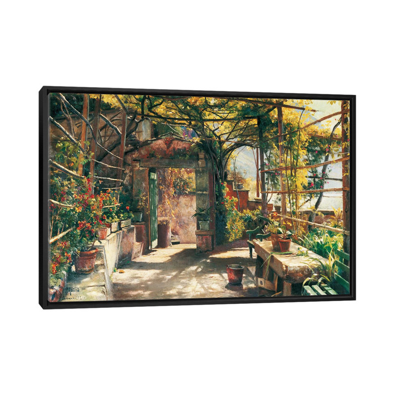 «In The Pergola» par Peder Monsted, impression sur toile, H 32 po x l 48 po x P 1,5 po, Toile avec cadre noir, Pas de tapis